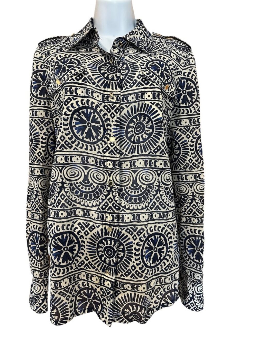 Tory Burch Cotton Geometric Print Button-Down Shirt Long Sleeve Navy Cream. 10 - Picture 7 of 7